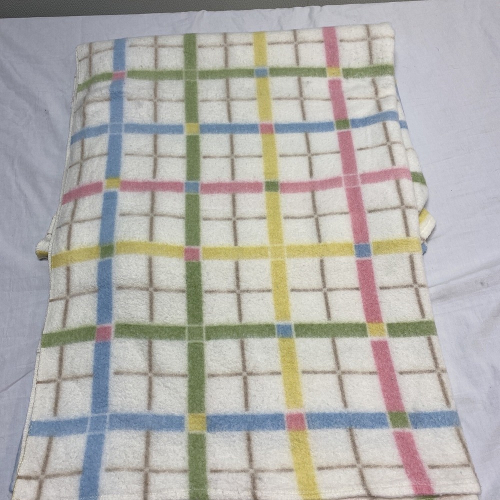 Pastel Plaid Striped Baby Blanket Pink Blue Yellow Green untagged 74 x 44"
